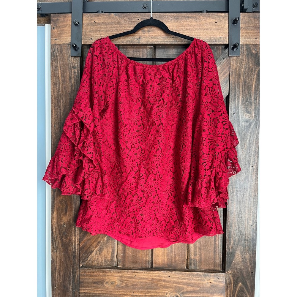 Forgotten‎ Grace Red Floral Lace Peasant Top Bell Sleeve Off Shoulder Large - Picture 3 of 15